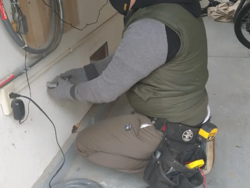 Electrician performing outlet wiring in a Ringwood garage